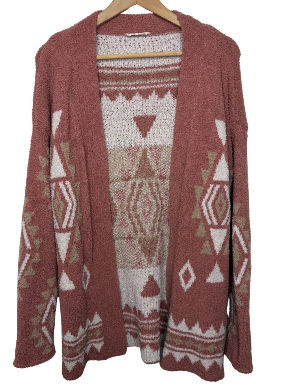 New In Aztec Fuzzy Knit Open Front Cardigan Size S Mauve Pink Geometric Boho